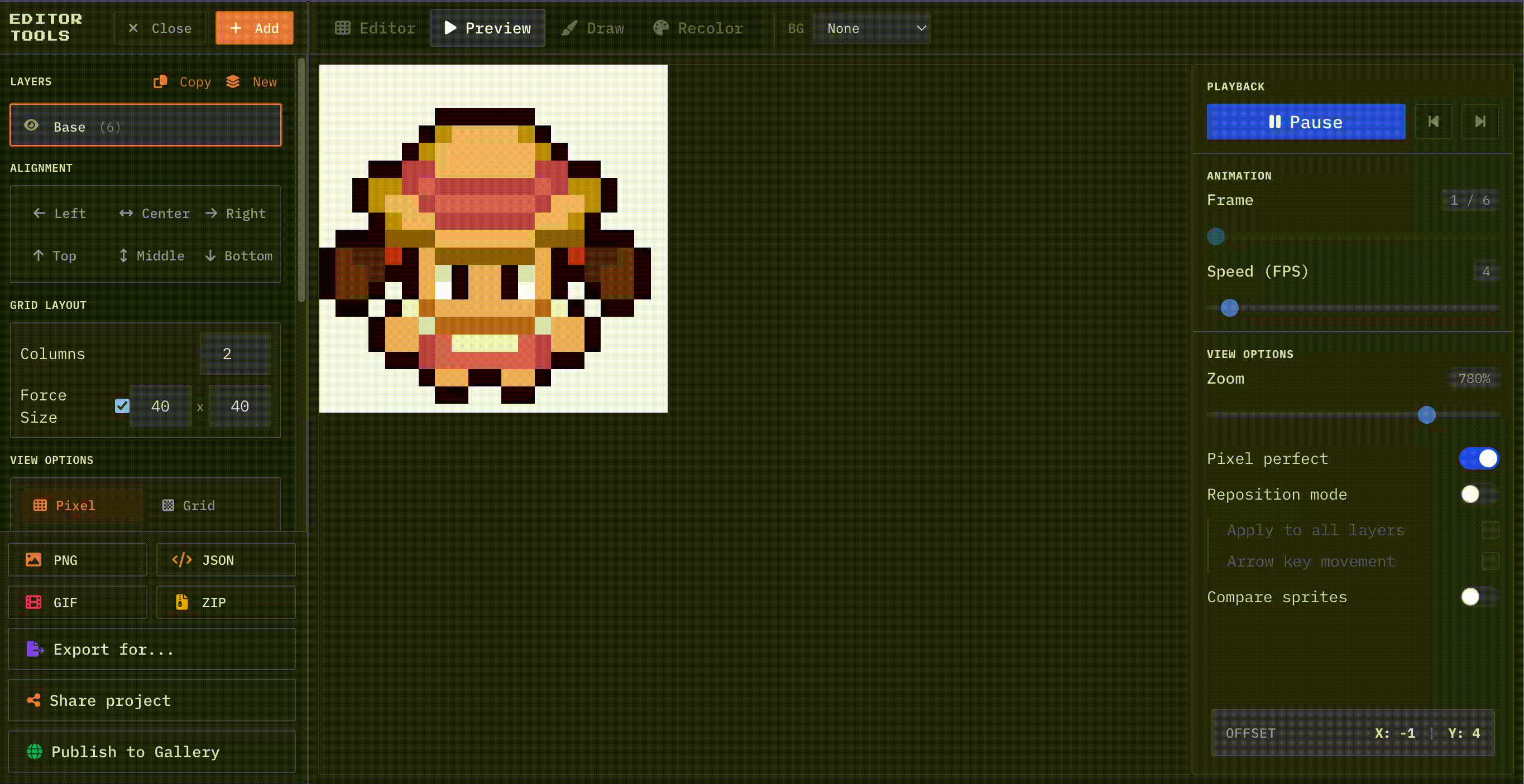Animation preview panel showing a sprite animation playing with frame controls