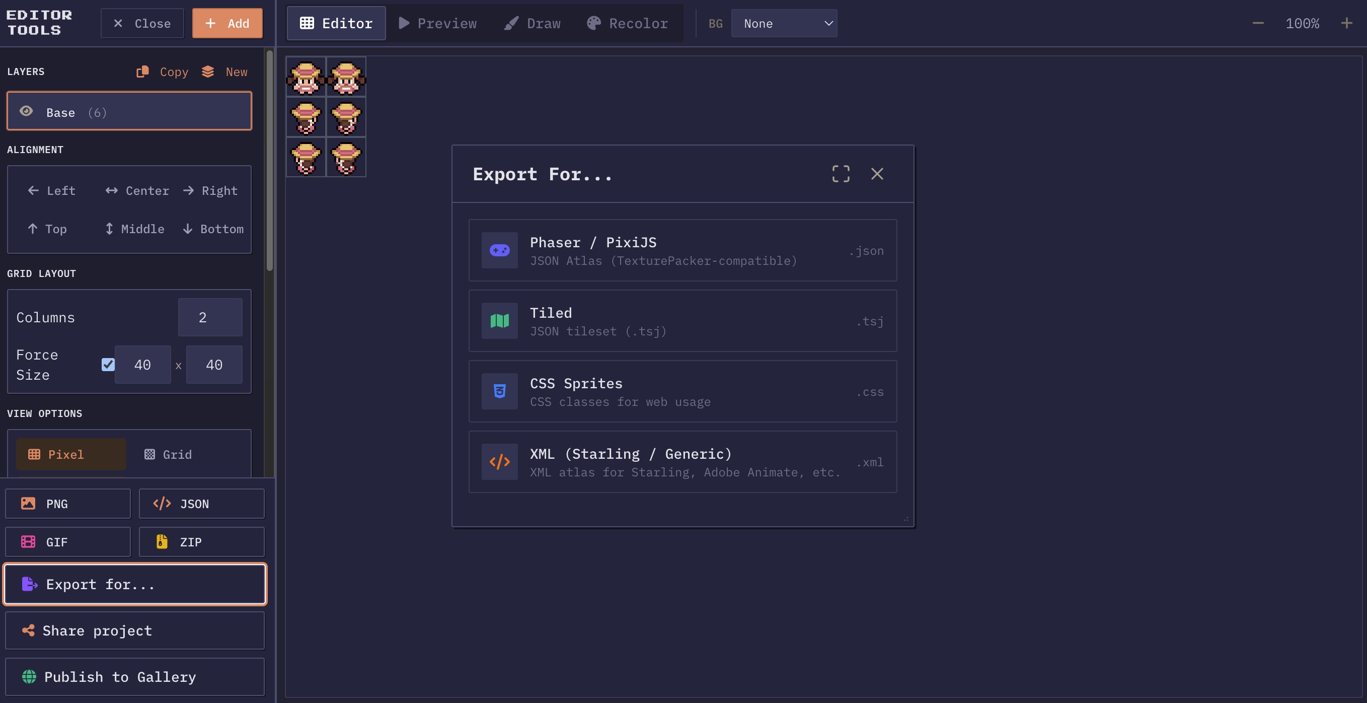 Export format selection showing Unity, Godot, Phaser, and Tiled options