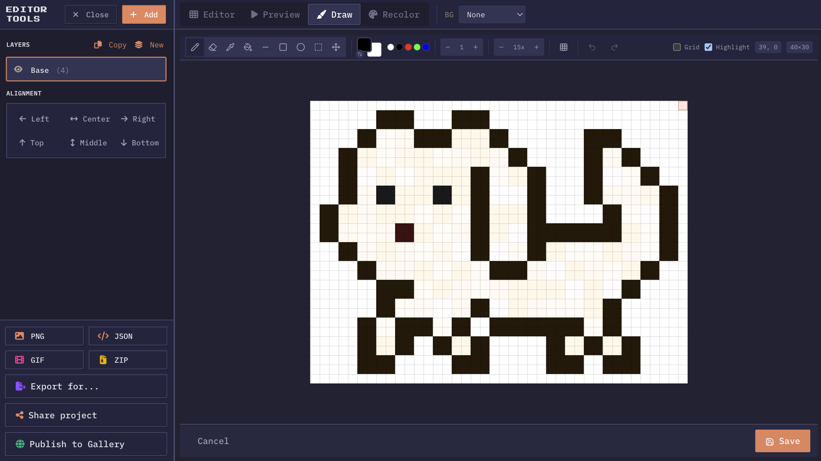 Pixel art editor interface with drawing tools, color picker, and canvas