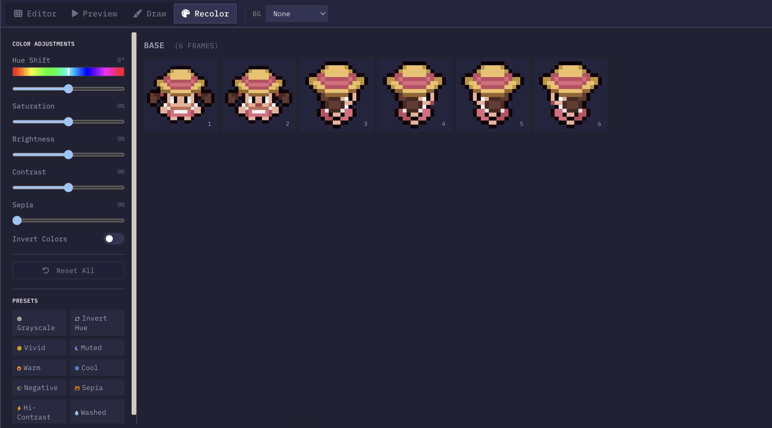 Recolor tool interface showing hue spectrum picker, sliders, and before/after sprite preview