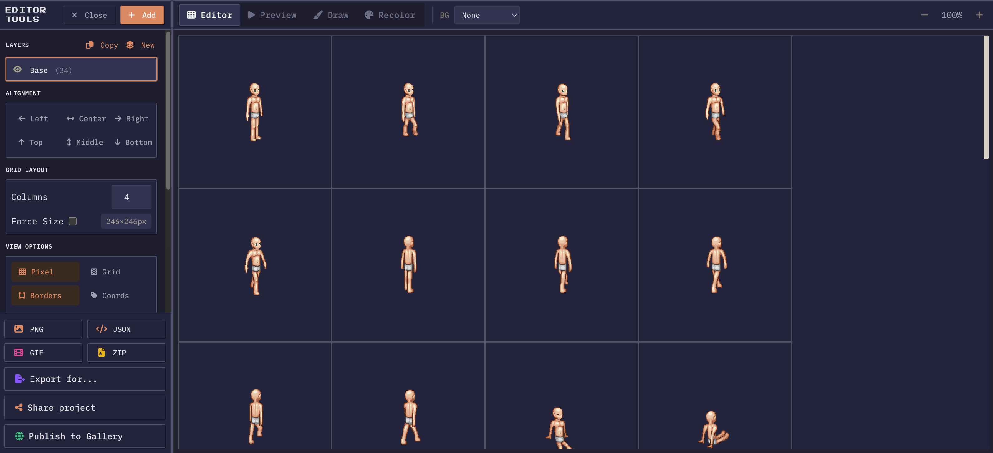Sprite sheet creator interface showing sprites being arranged into a grid