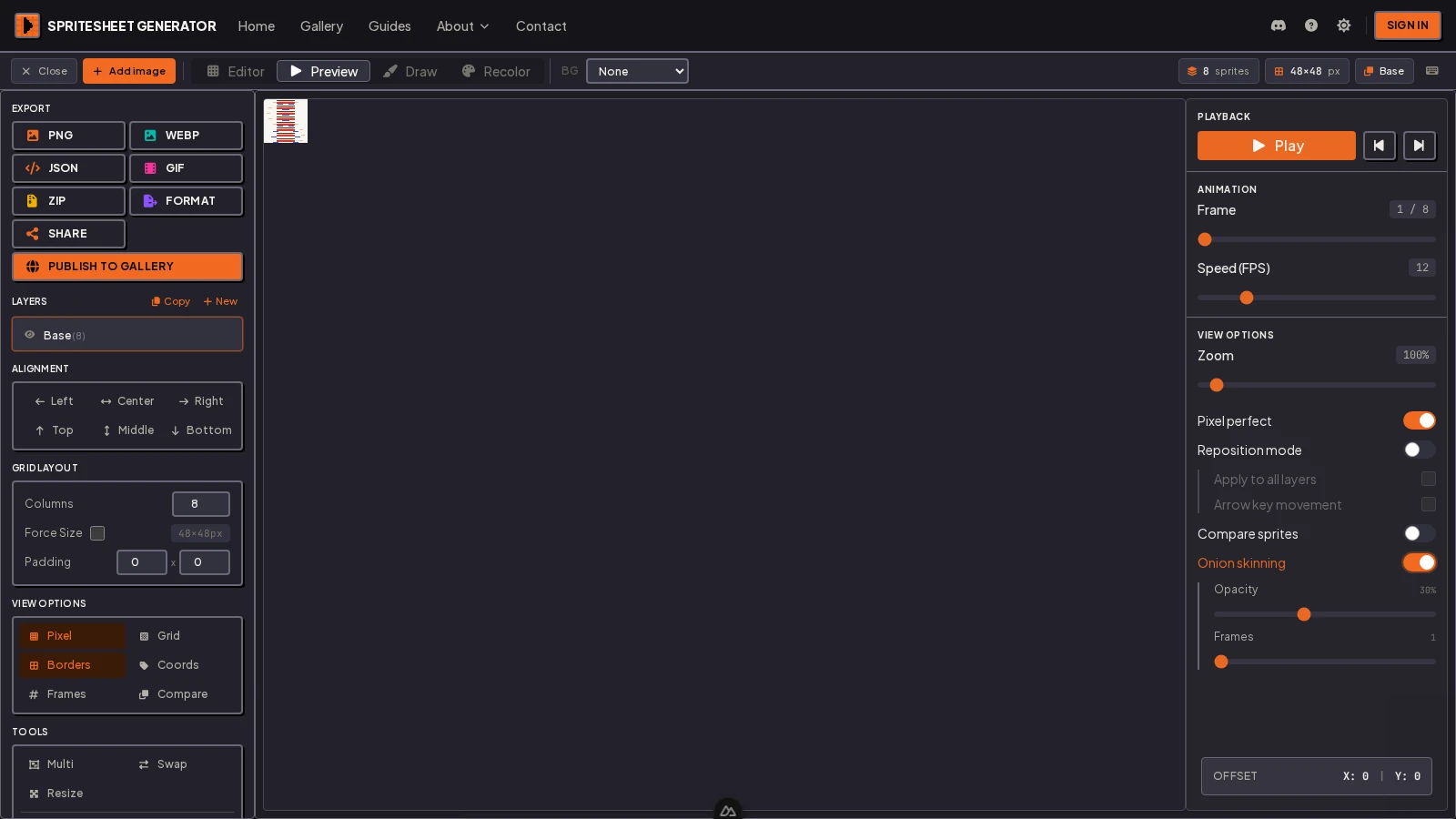 Animation preview with onion skinning on, showing the previous and next frames ghosted around the current pose