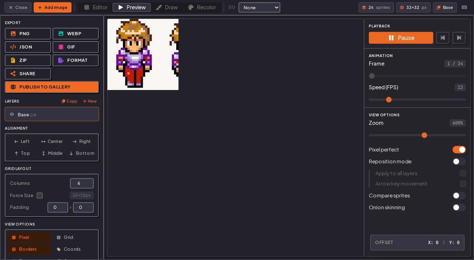 Animation preview playing a walk cycle at 12 FPS with zoom and onion skin controls