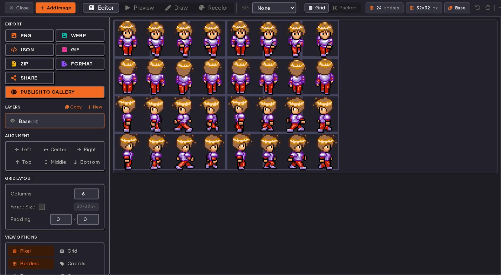 Sprite sheet editor top bar reporting 24 sprites at a 32x32 cell size