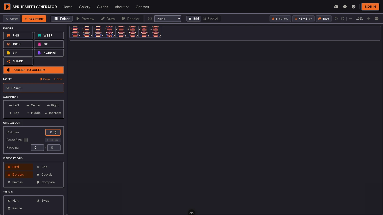 Eight frames of a walk cycle arranged on a single row in the sprite sheet editor