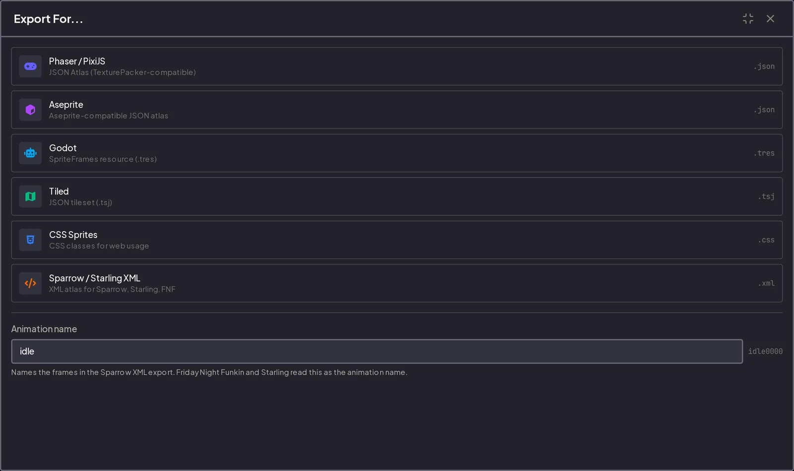 Export For dialog listing Phaser, Aseprite, Godot, Tiled, CSS sprites and Sparrow XML, with an animation name field