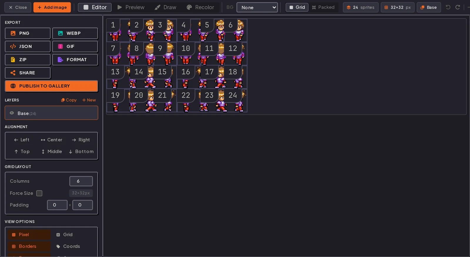 Sprite sheet editor with every cell numbered 1 to 24