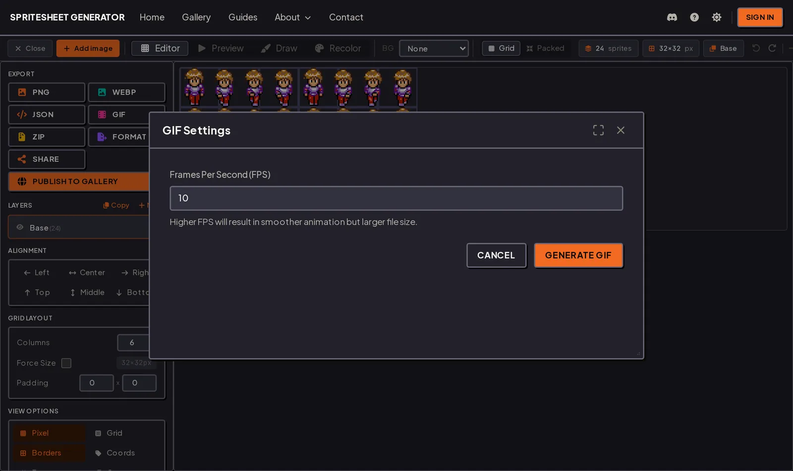 GIF export dialog asking for the playback frame rate before rendering