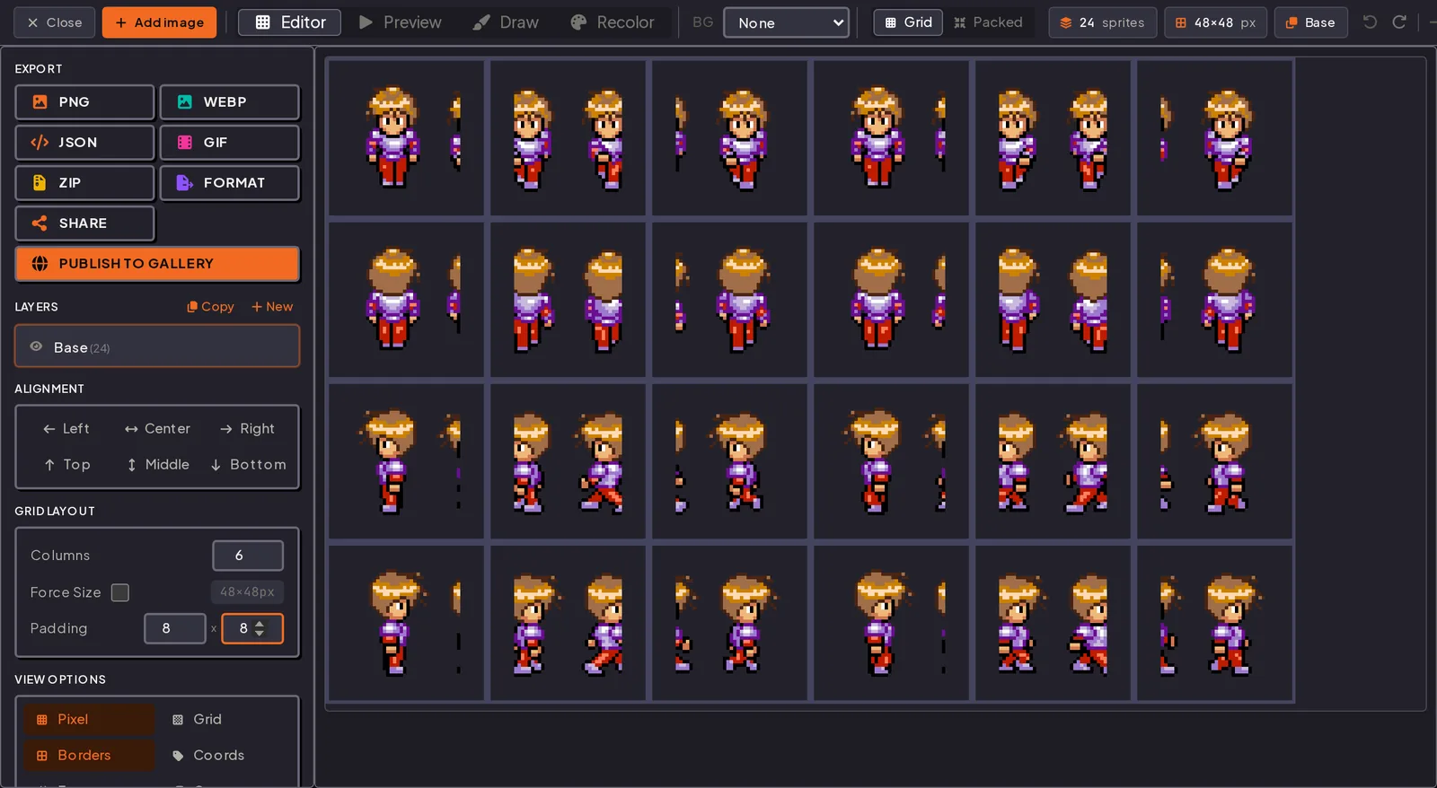 Sprite sheet editor with 8px horizontal and vertical padding, growing each 32x32 cell to 44x44