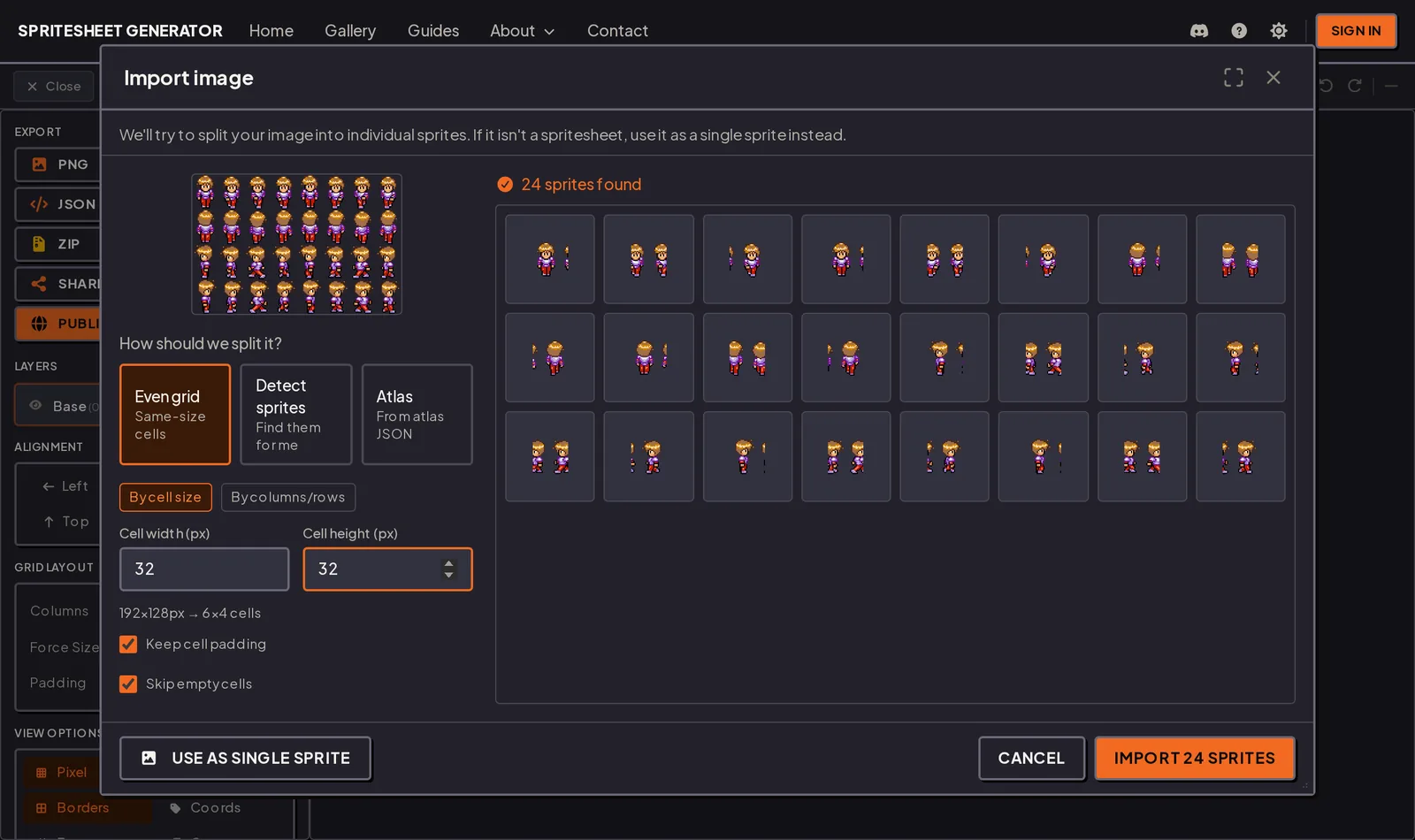 Import dialog slicing a 192x128 sheet into 24 sprites on a 32x32 grid