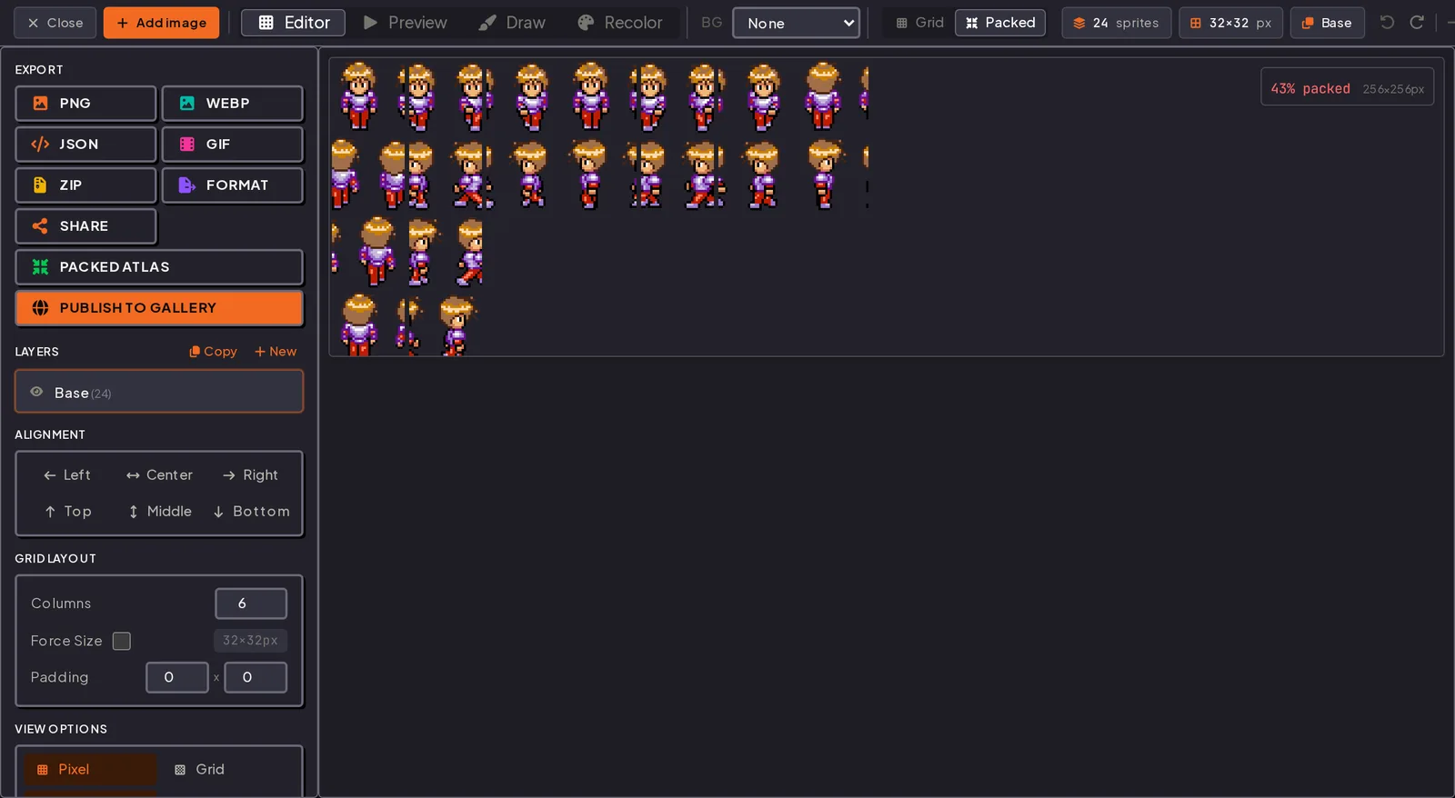 Packed atlas view reporting 43 percent packed on a 256x256 canvas