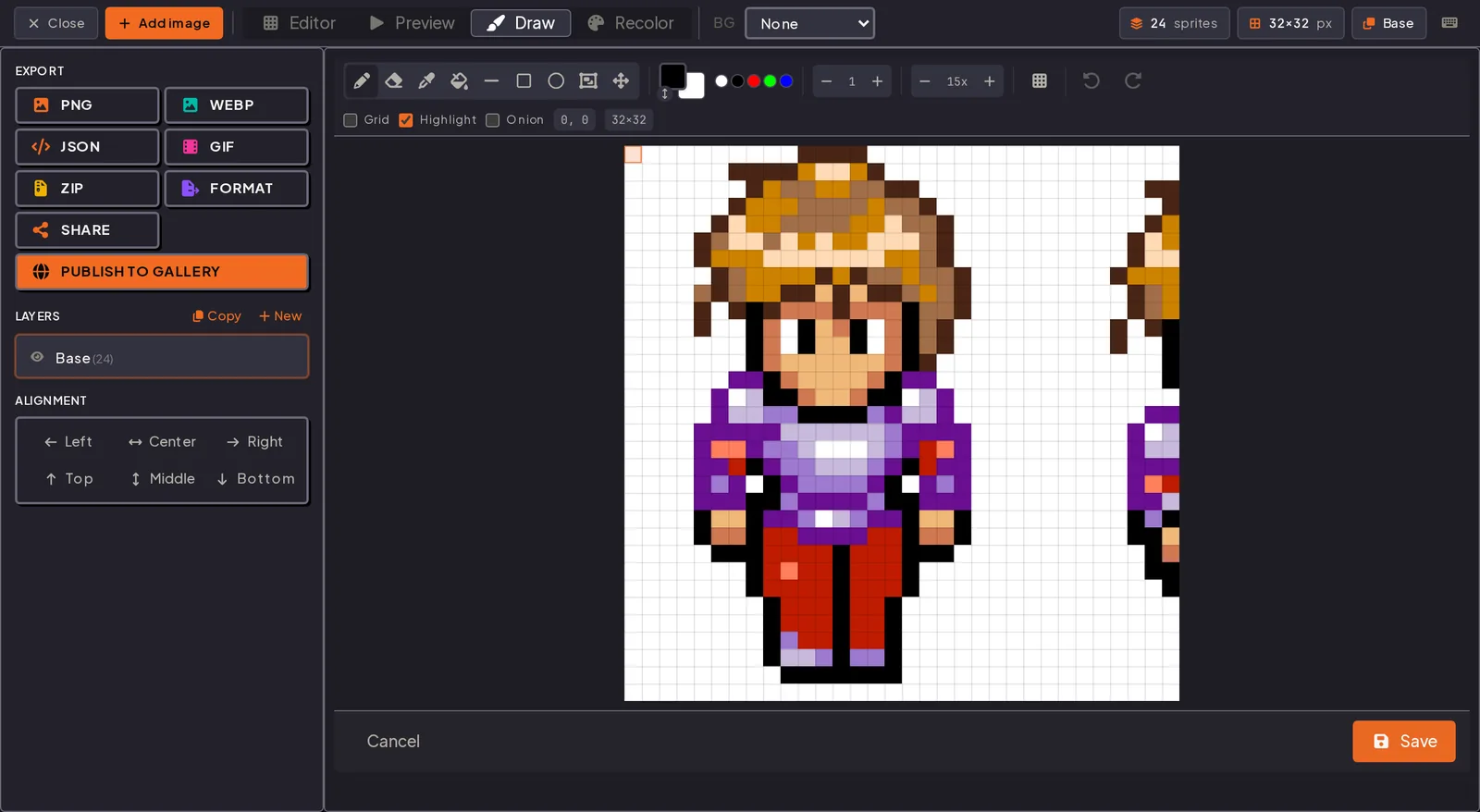 Built-in pixel editor with a 32x32 character frame zoomed to 15x on a pixel grid