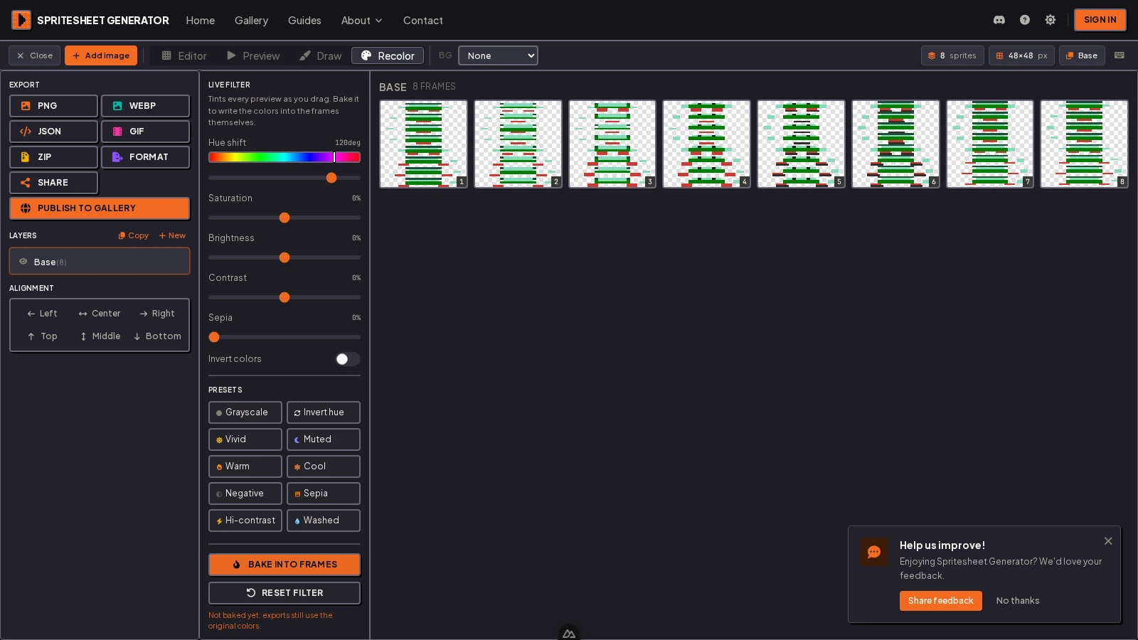 Recolor tab applying a hue shift across an eight-frame walk cycle