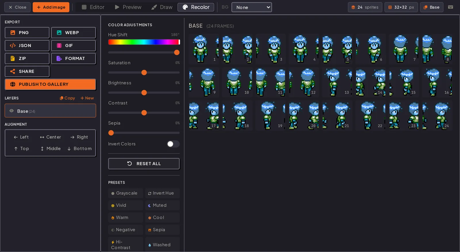 Recolor tab applying a 180 degree hue shift across all 24 frames of a sprite sheet