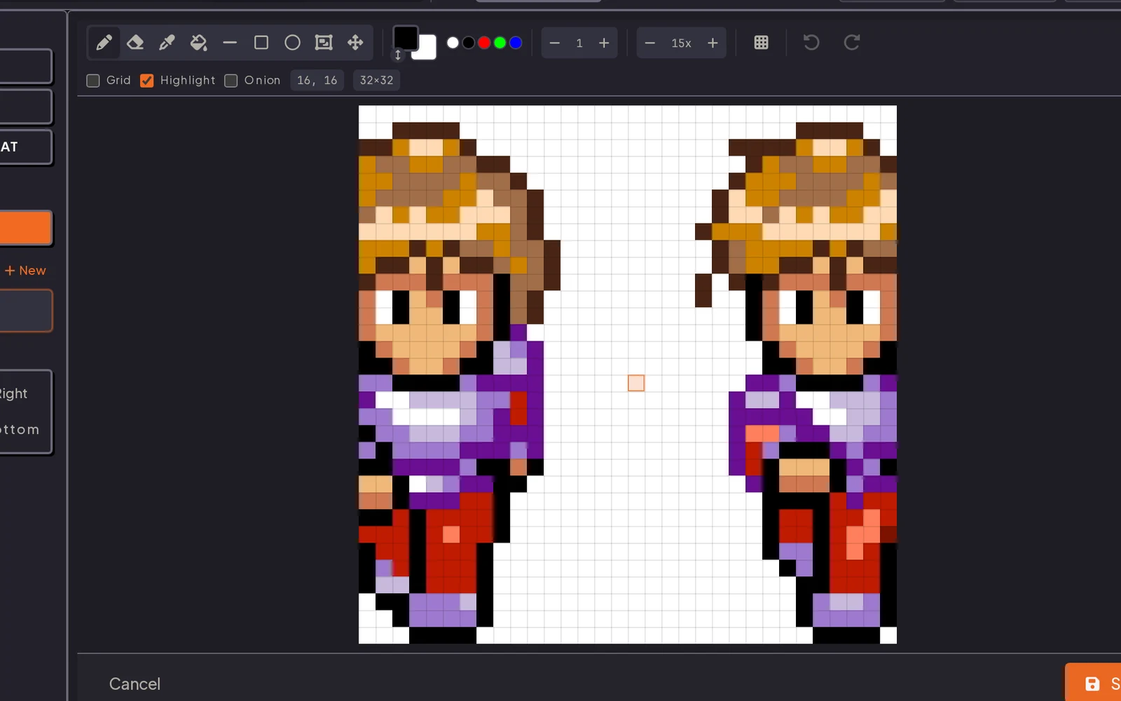 Browser pixel art editor with drawing tools over a zoomed character frame