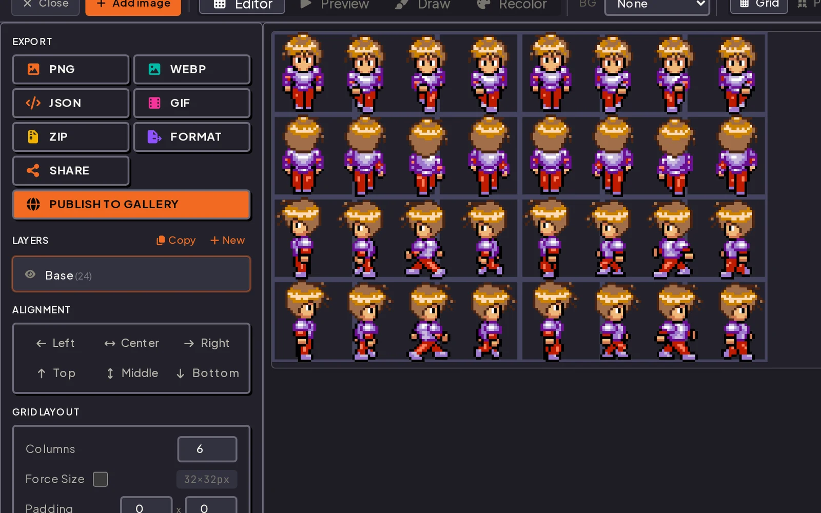 Sprite sheet editor with 24 character frames laid out on a six column grid