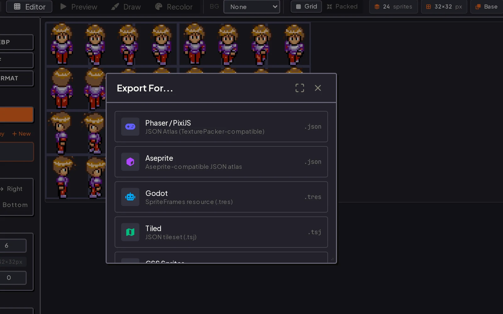 Export dialog listing Phaser, Aseprite, Godot, and Tiled sprite atlas formats