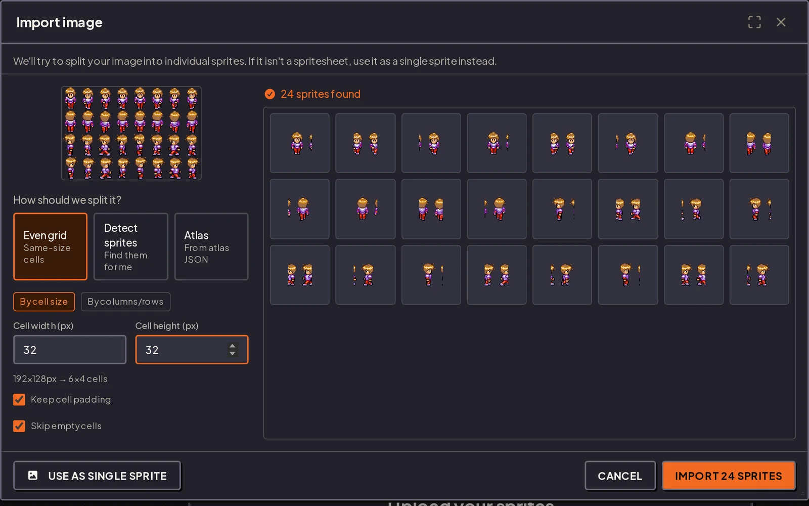 Sprite sheet splitter cutting a 192x128 pixel art sheet into 24 separate 32x32 sprites