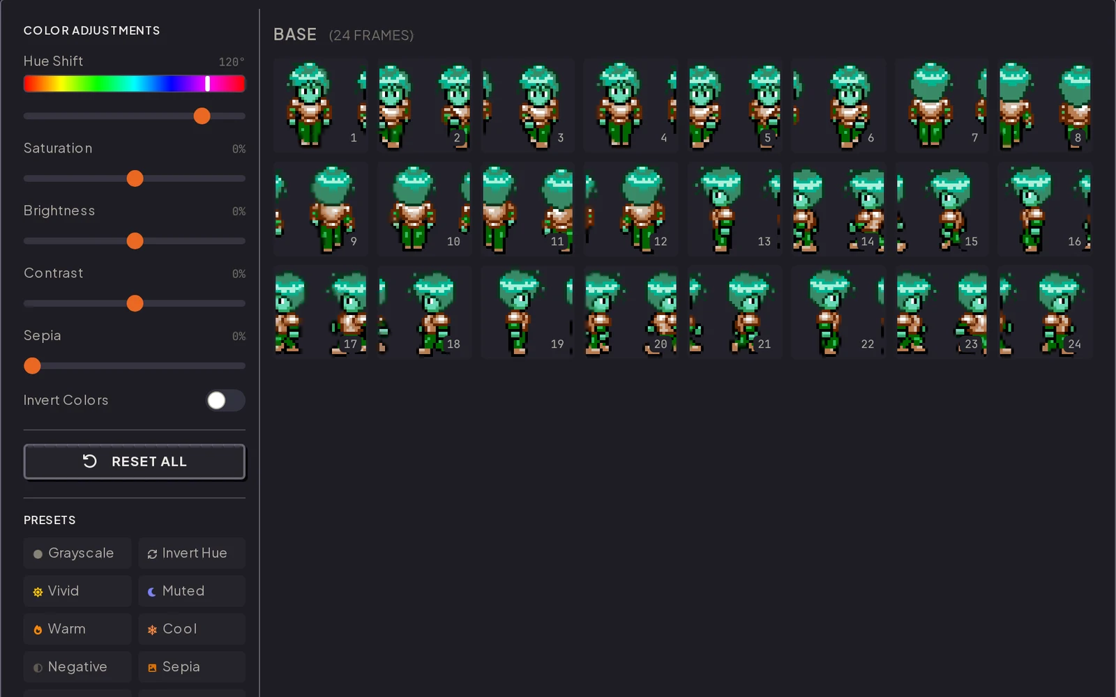 Recolor tool applying a hue shift palette swap to all 24 frames of a sprite sheet
